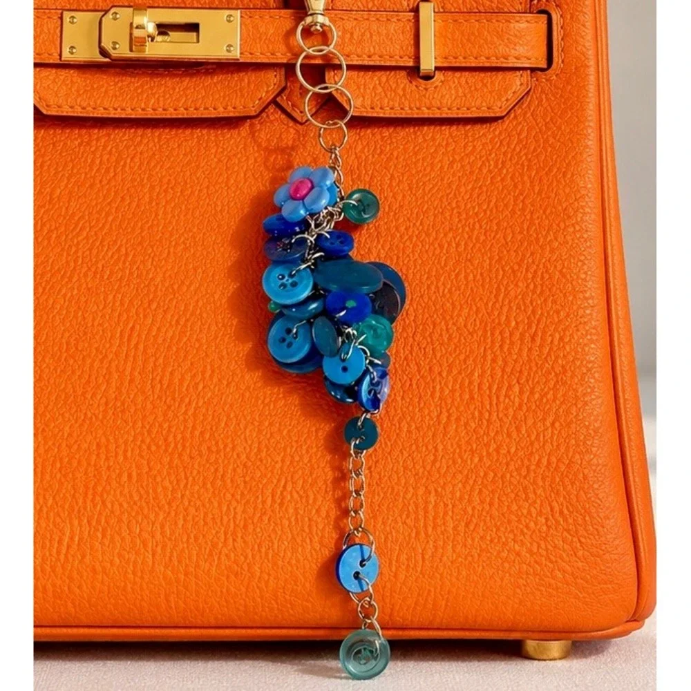 Blue Button Bag Charm‎ Keychain Handmade Cluster Flower Accessory Silver Tone